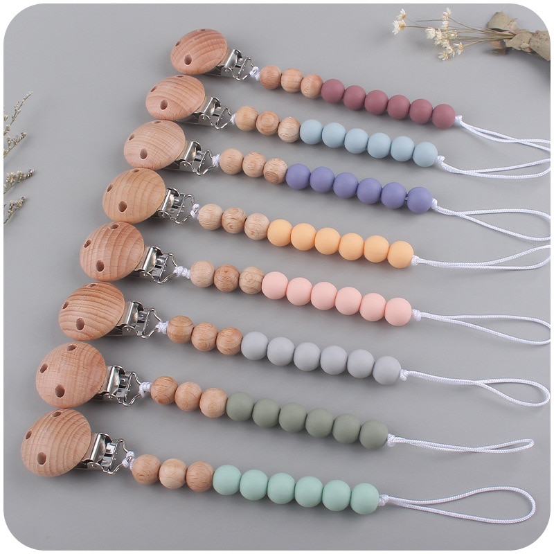 Wooden Baby Chew Bead Pacifier Clips Dummy Chain Holder Newborn Soother Chain Nipple Holder Babies Teething Toy Baby Chew 0-3Y