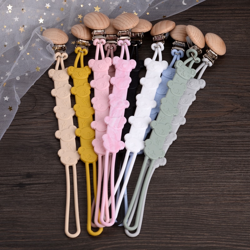 1Pc Baby Silicone Teether Dummy Holder Chain Round Beech Wood Pacifier Clip For Care Teething Toy Gift Baby Soother Nipple Chain