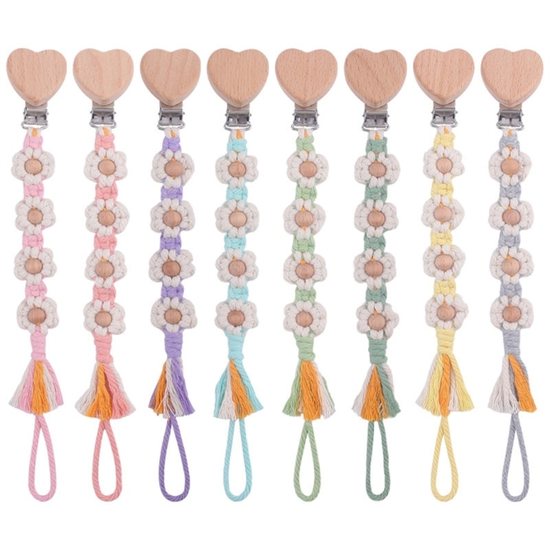 Flower Woven Cotton Rope Pacifier Clip Handmade Floral Braided Chain Strap