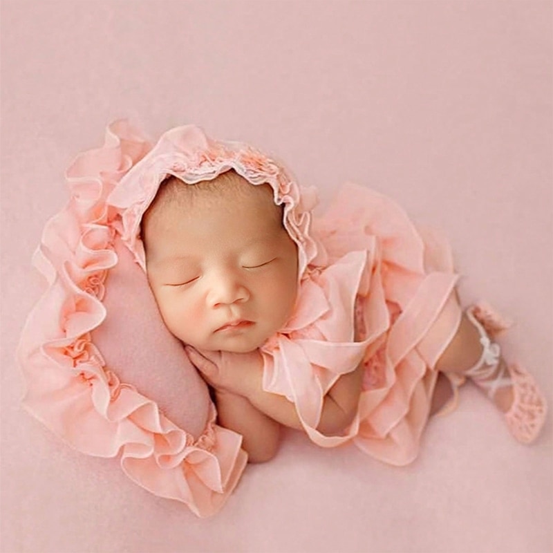 57EE Baby Photography Props Outfit Lace Rompers Hat Shoes Newborn Girl Photo Outfits Flower Headband Princess Costume
