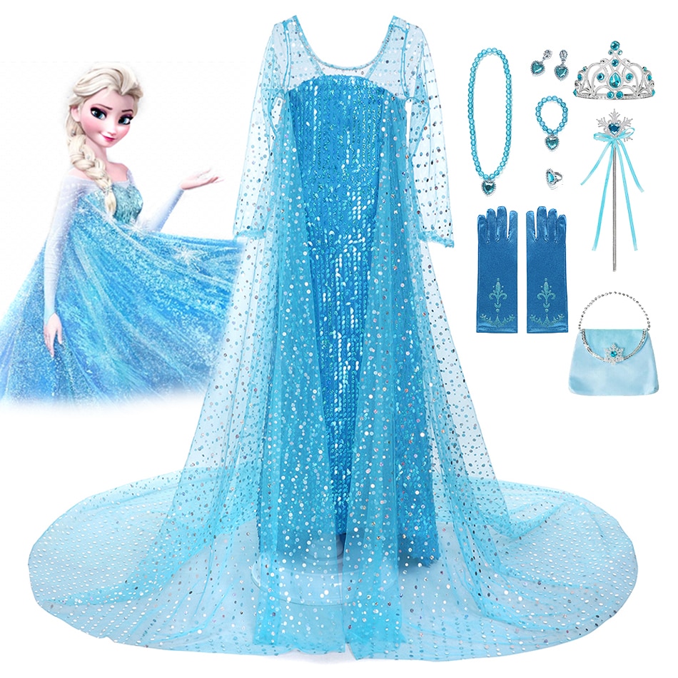 Disney Elsa Princess Costume for Girl Snow Queen Dress Frozen Cosplay Outfit Luxury Sequin Birthday Party Christmas Fancy Dress