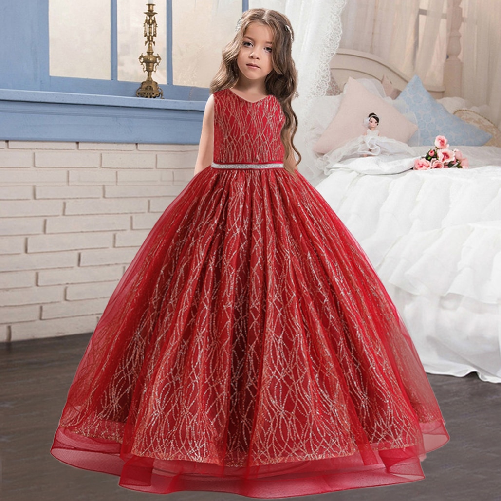 Summer Sequin Bridemaid Girls Dresses Fluffy Bow Pink Wedding Mesh Princess Prom Kid Party Dress for Girl Birthday Ceremony Gown