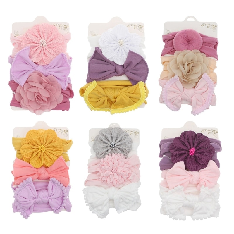 3PCS Stylish Newborn Headbands with Bows & Floral Detail Comfortable Headwear Infant Headdress Baby Hair Accessories