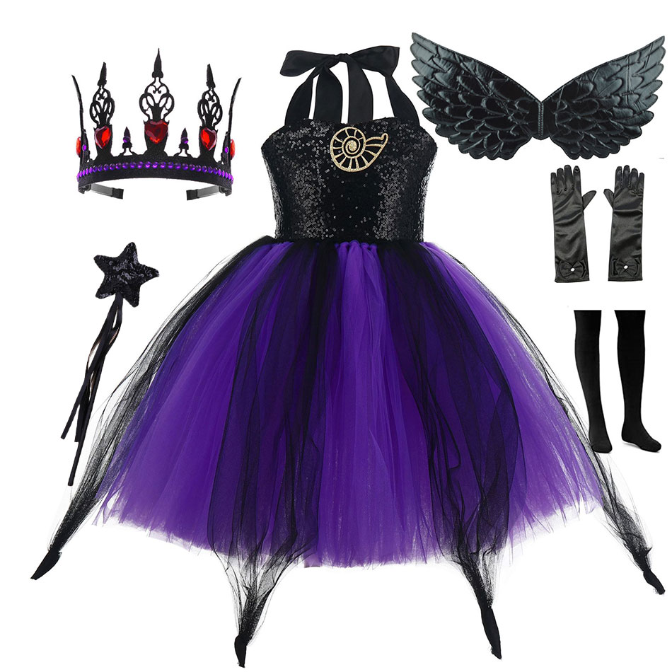 Girl Elegant Dress Black Sleeveless Tulle Dresses Halloween Cosplay Costume Party Carnival Outfit Children Fansy Clothes 2-8Yrs
