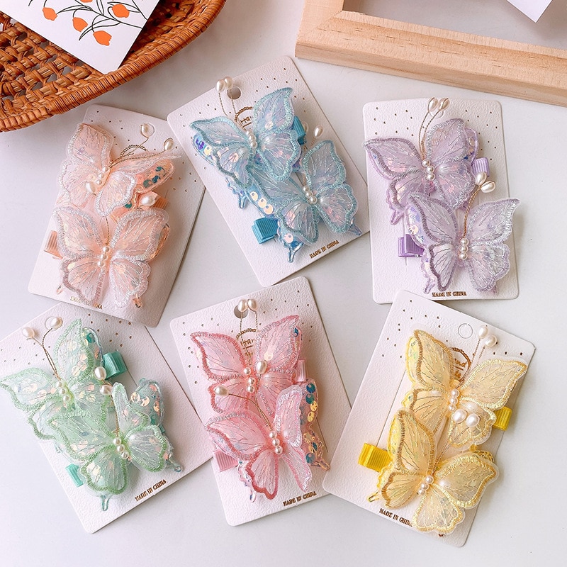 2pc Kids Girl Headwear Retro Colorful Pearl Butterfly Hair Clip for Toddler Girl Shiny Sequins Kawaii Hair Pin Hair Accessories