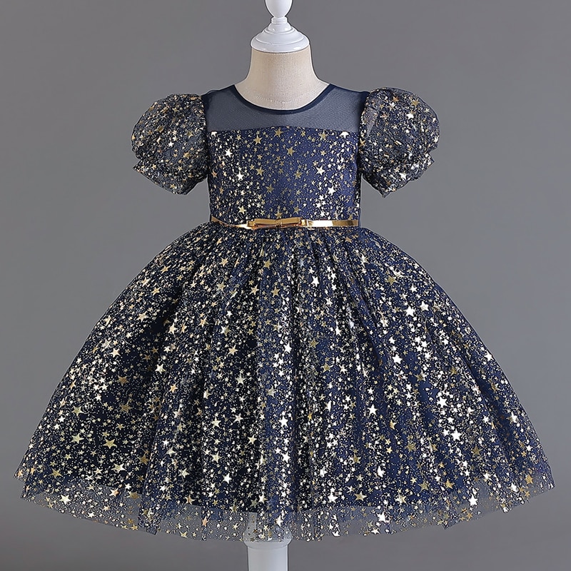 Children's Princess dress Metallic style personality printed belt puffy sleeve skirt gauze Peng party #M7603
