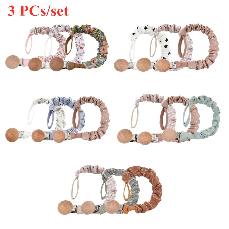3 PCs Cotton Liner Baby Pacifier Clip Chains Vintage Floral Newborn Nipple Holder BPA Free Wooden Dummy Clips Soother Toy