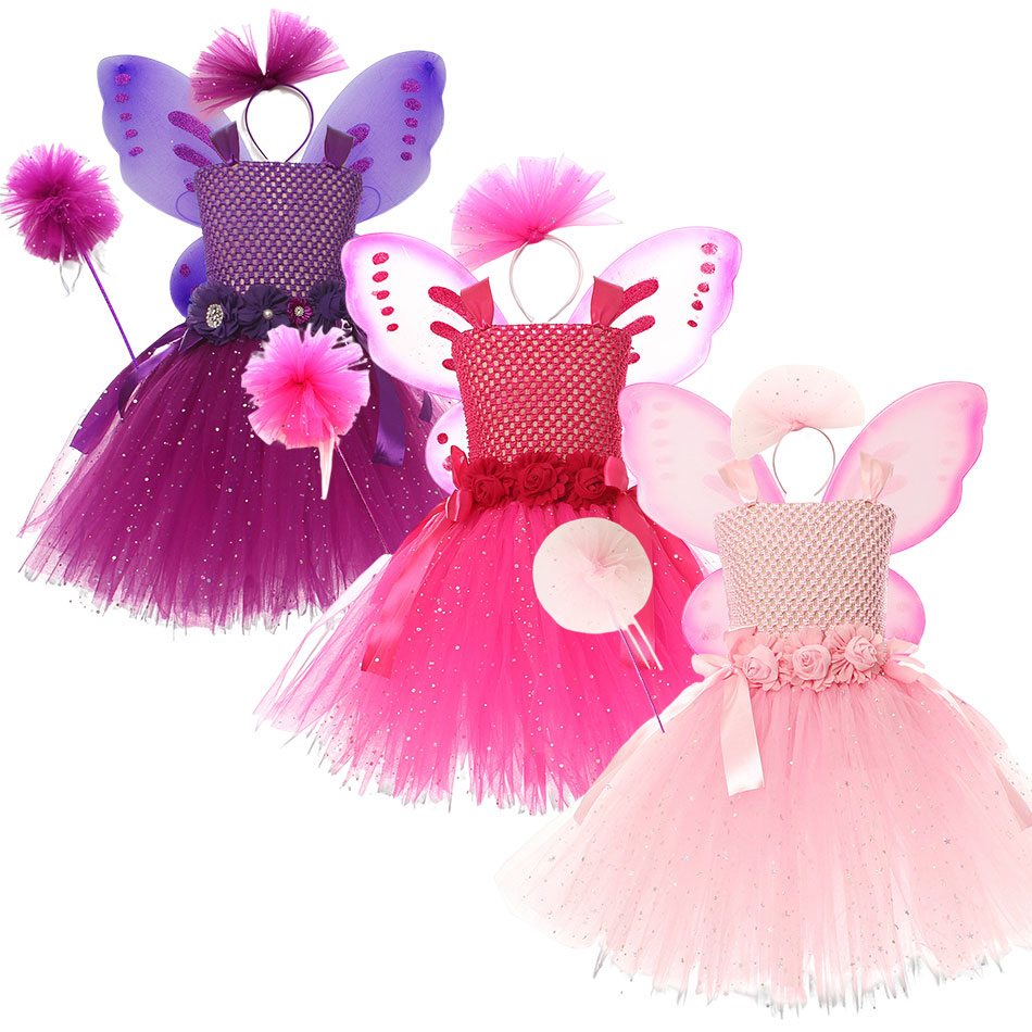 2023 Girls Tutu Dress Floral Tulle Outfits Fansy Dresses with Wing Children Party Prom Carnival Clothes Sleeveless Gown Sequins