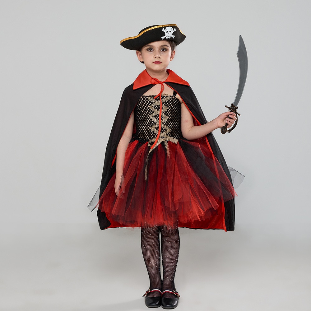 2023 Cosplay Pirate Halloween Party Dress Girls Mesh Tutu Dresses + Cloak Christmas Stage Performance Children Kids Outfits