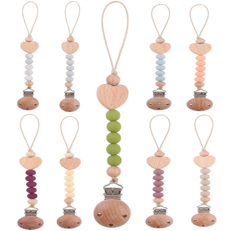 Baby Pacifier Clips Silicone Beads Wooden Ring Pacifier Chain Infant Nipple Appease Soother Chain Dummy Holder Nipple Clip