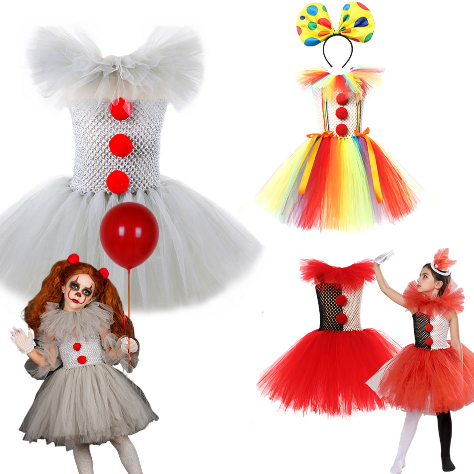 Halloween Costume Girls Circus Clown Tulle Dress Kid Party Carnival Clothes Fansy Dresses with Wing Birthday Princess Outfits