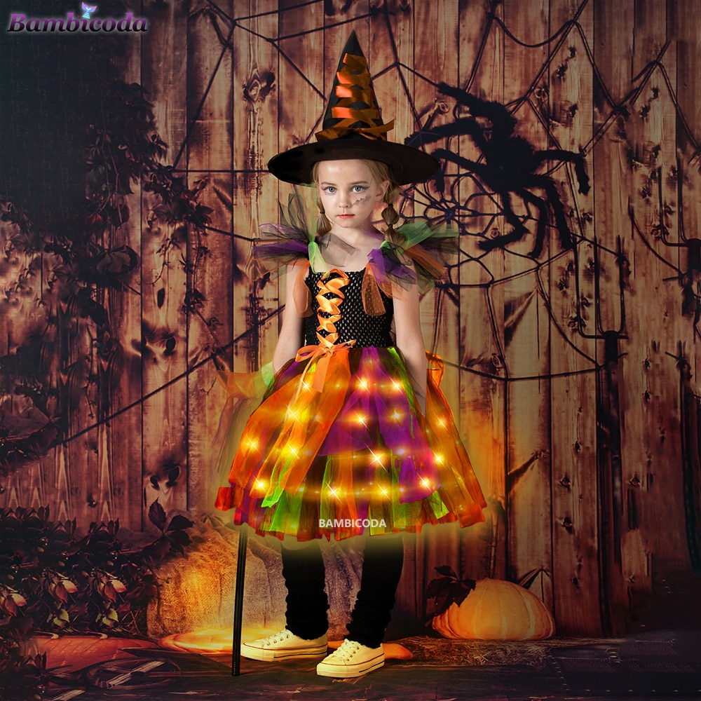 Child Kids Witch Costume LED Light Up Girls Halloween Purim Carnival Party Mardi Gras Fantasia Fancy Dress Cosplay