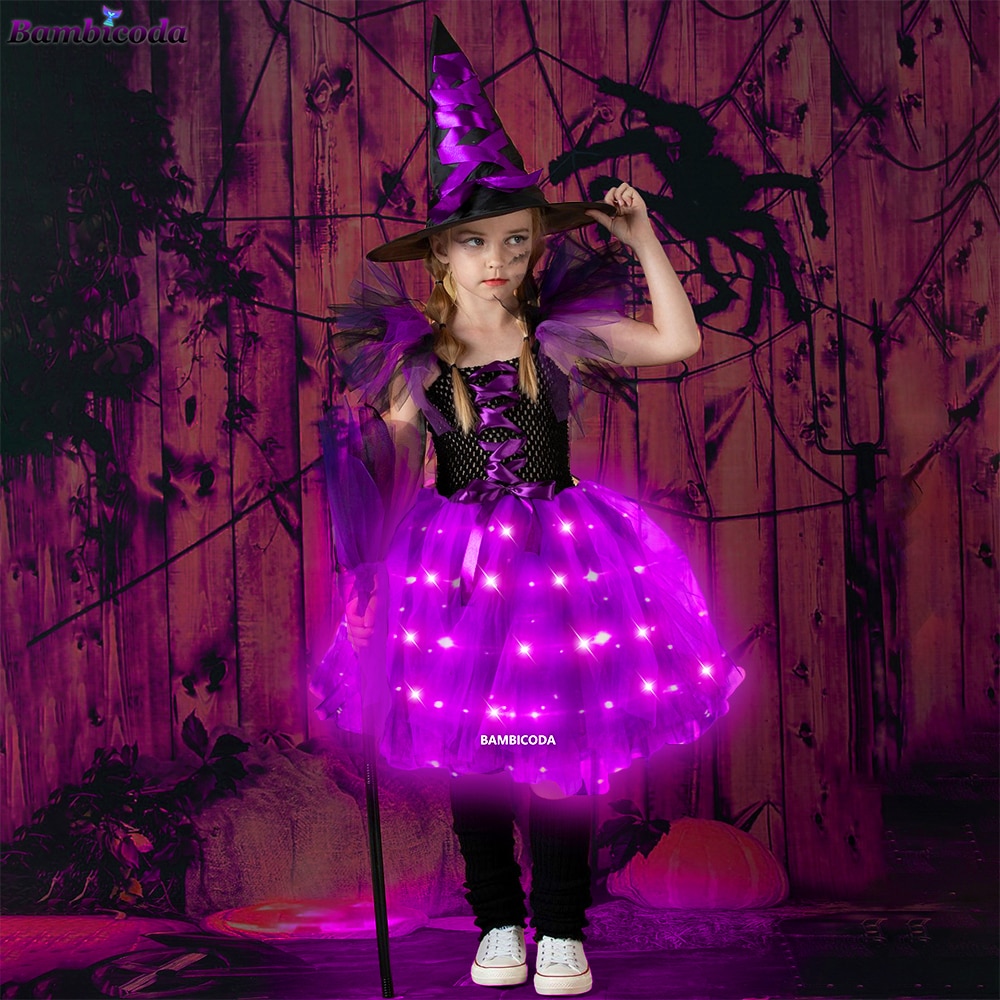 Baby Girls Halloween Witch Costume LED Light Up Children Cosplay Princess Dresses Kids Dress Up Clothes Carnival Party Gift