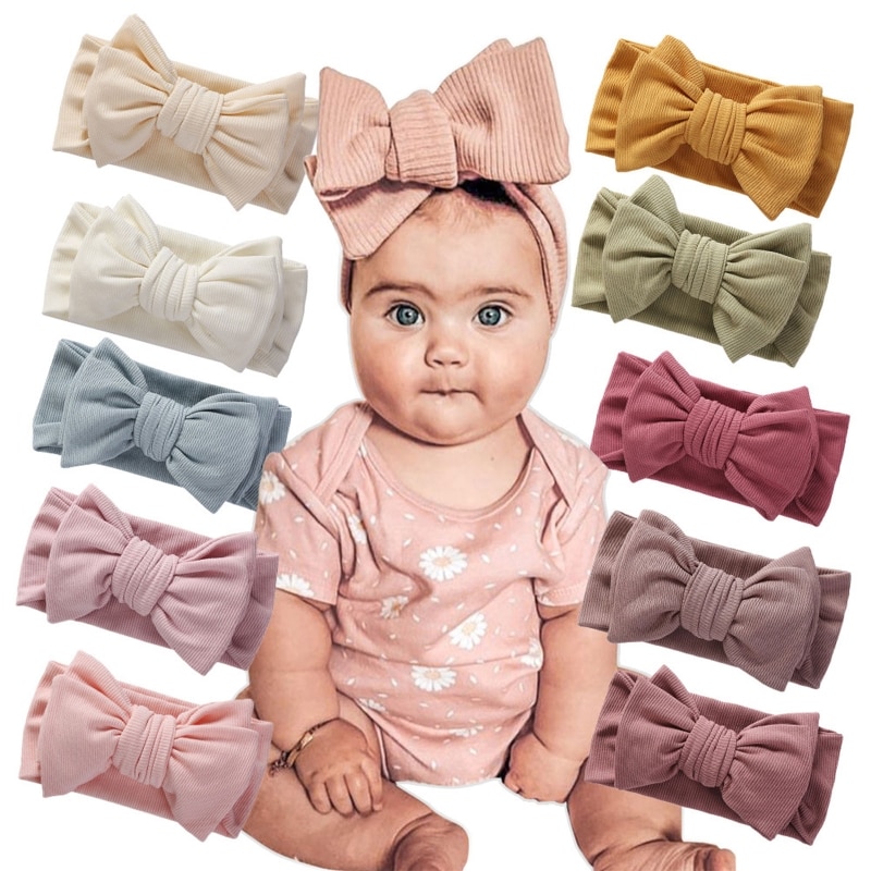 Q81A Baby Bowknot Headband Knit Stretchy Turban Elastic Big Bows Hair Band for Head Wrap Children Toddler Headwear