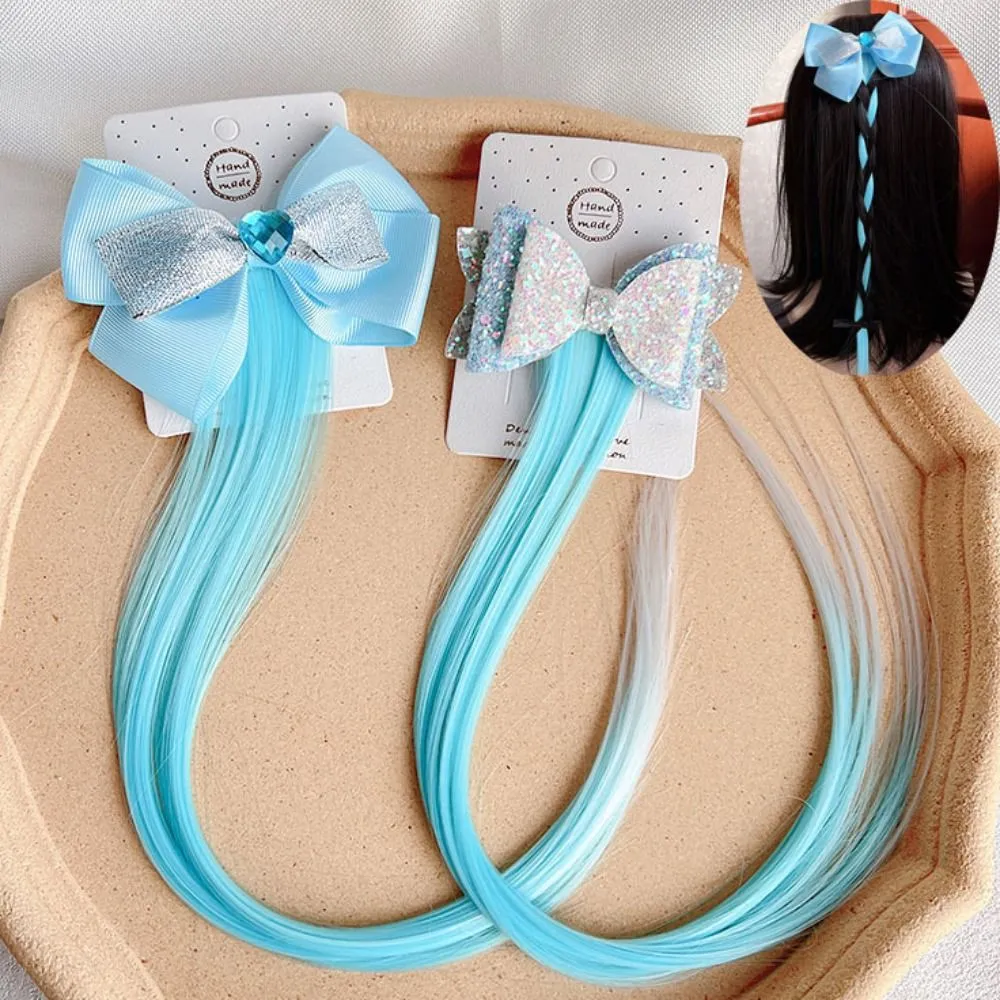 Kids Headwear Photography Props Birthday Gifts Long Straight Ponytail Girls Braids Wig Blue Bow Wig Gradient Hairpiece