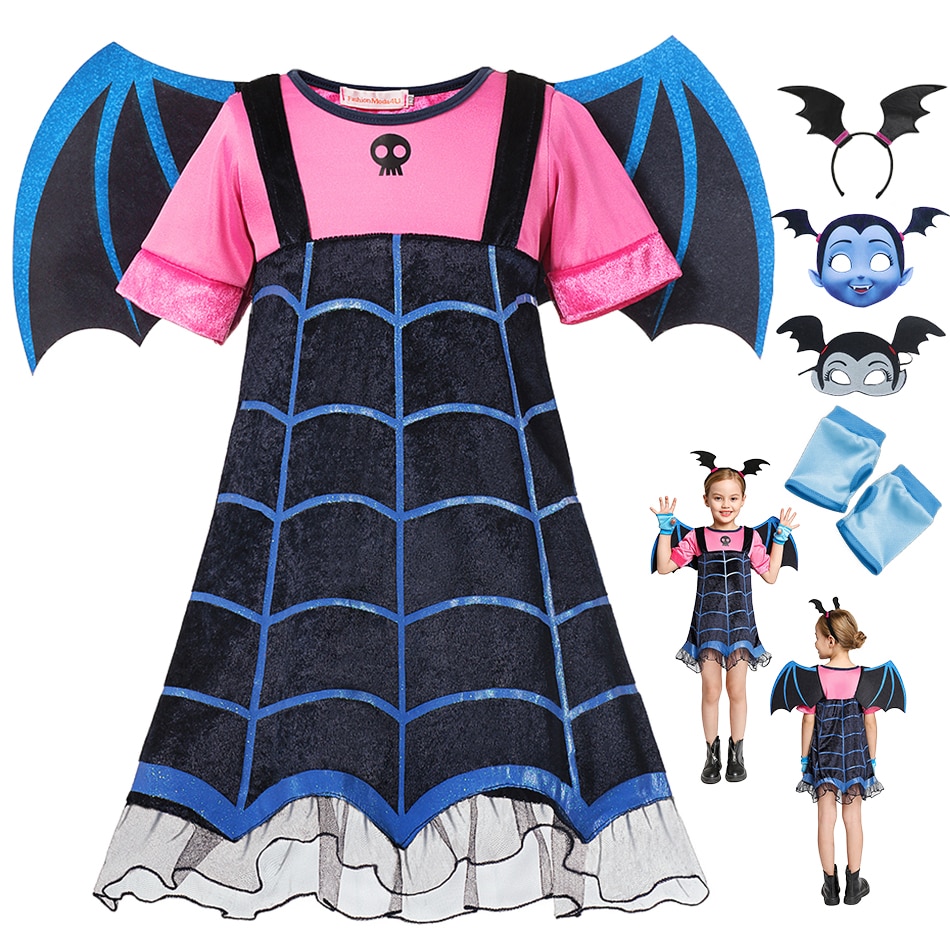 Disney Halloween Girls Vampirina Costume Children Cosplay Vampire Dress up Skir Set with Wing for Kids Carnival Party Disguise