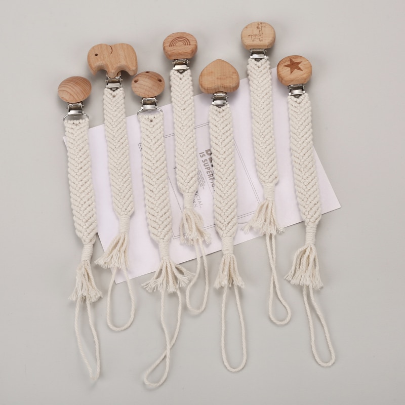 Handmade Woven Cotton Rope Baby Pacifier Chain Animal Shape Beech Wood Dummy Holder Clip For Baby Nursing Chew Toys Shower Gifts