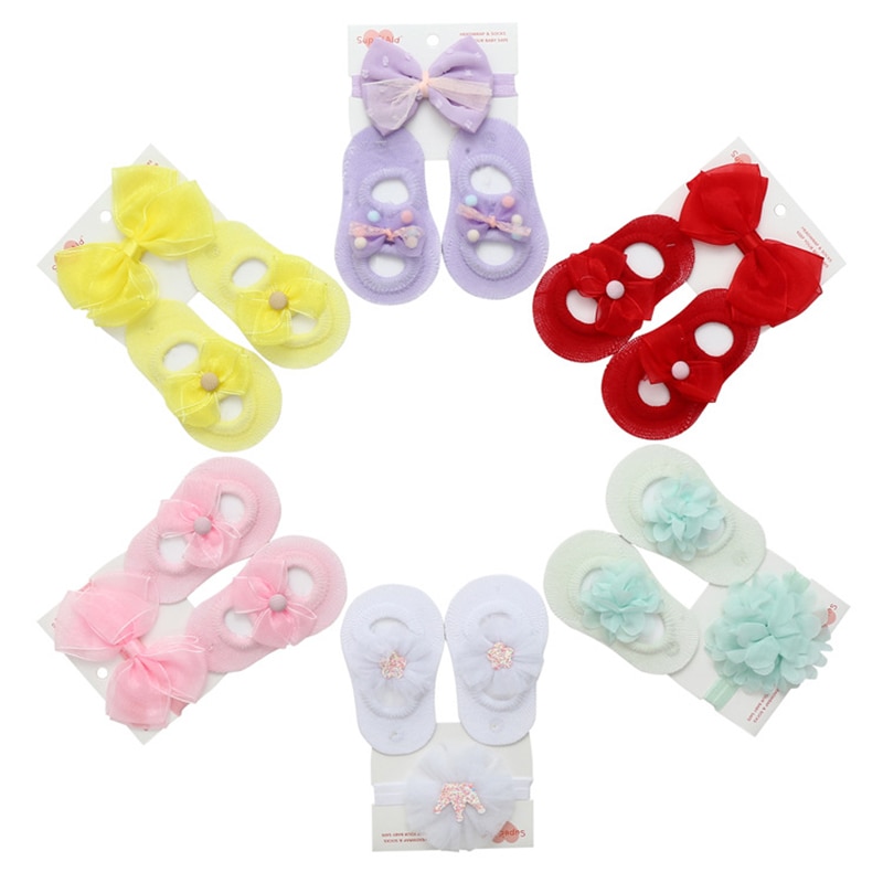 2Pcs/Set Cartoon Bow Baby Headband Socks Cute Flower Hair Bands+Knit Short Sock for Newborn Girls Solid Bowknot Hair Accessories