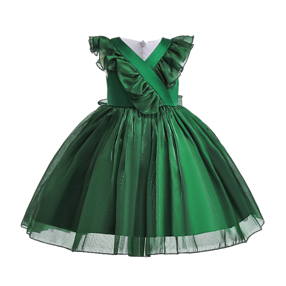 Green Christmas Party Dress For Girls Chidlren Costume Formal Bridesmaid Dresses V-Neck Bow Kids Girl Wedding Evening Vestidos