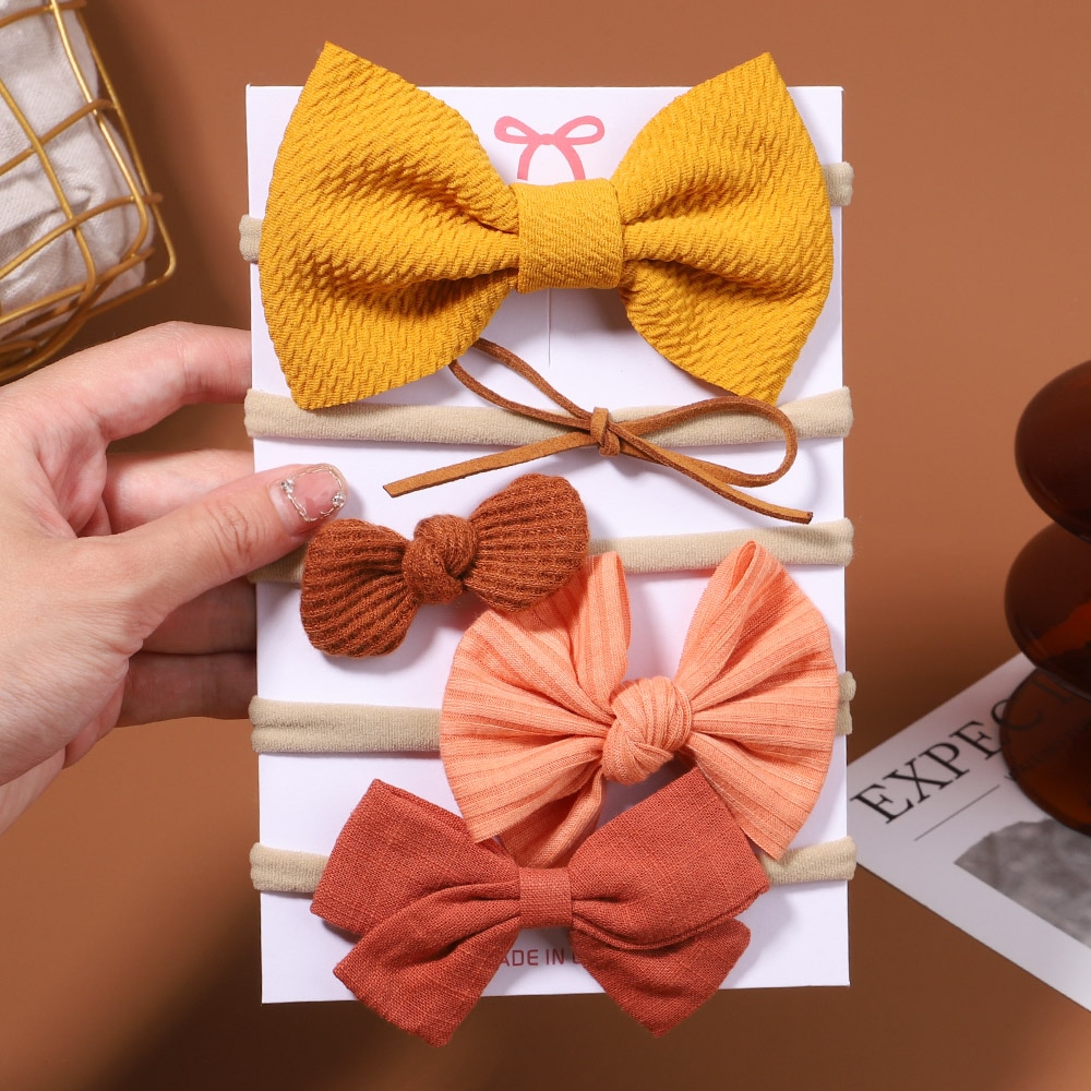 5Pcs/Set Baby Bow Color Cotton Headband for Children Girls Soft Nylon Hair Bands Newborn Toddler Handmade Gift Hair Accessories