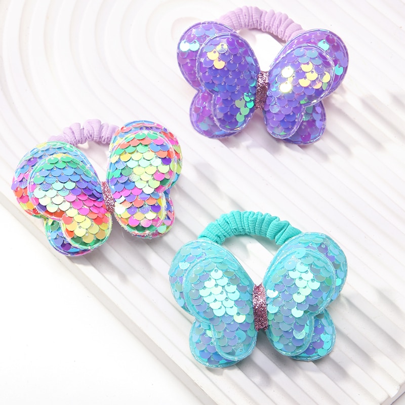 2Pcs New Cute Sequin Butterfly Girls Kids Ponytail Elastic Hair Bands Children Hair Ties Princess Hair Accessories Baby Headwear