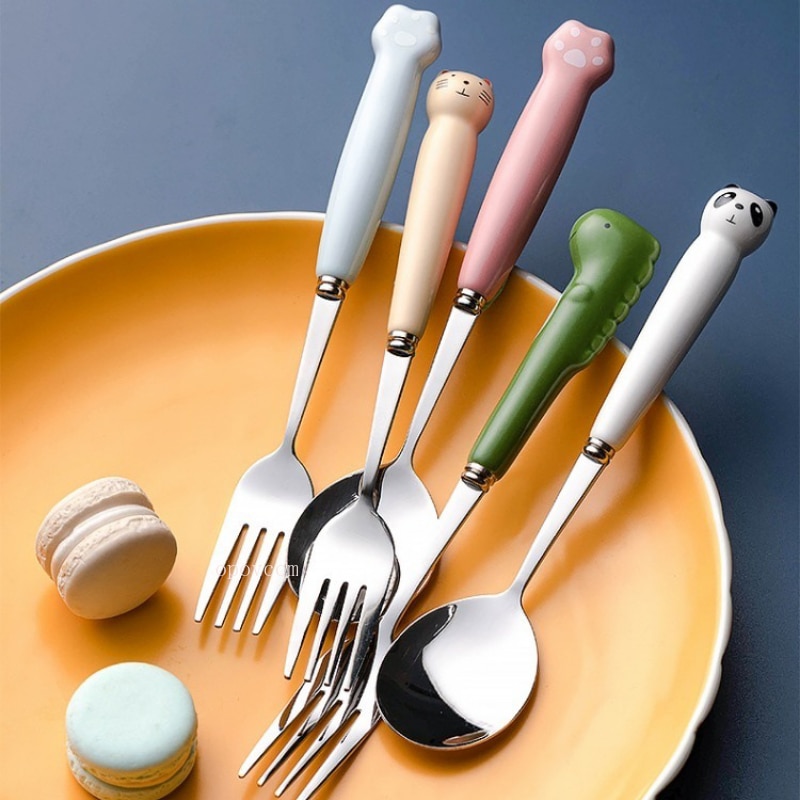 Creative Cartoon Animal Ceramic Handle Spoon Fork Stainless Steel Food Dessert Fruit Spoon Fork Tableware Baby Food Accessories