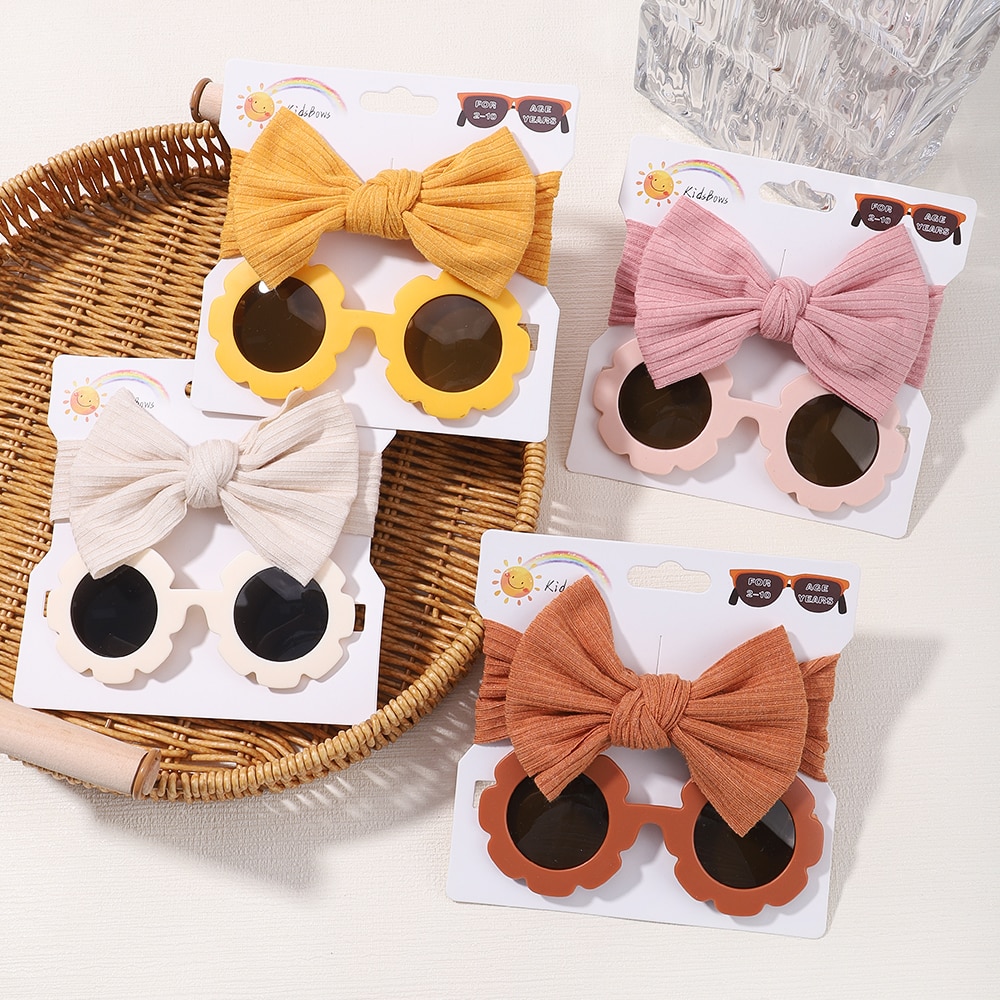 2pcs/set Nylon Wide Headband Colors Kids Girls Boys Casual Headwear Sets Cartoon Round Summer Flower Sunglasses with Hair Band