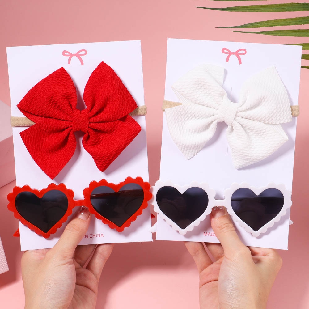 2pcs/set New Children's Sunglasses Bow Headband Set Infant's Retro Solid Color Ultraviolet-proof Heart Glasses Eyeglas