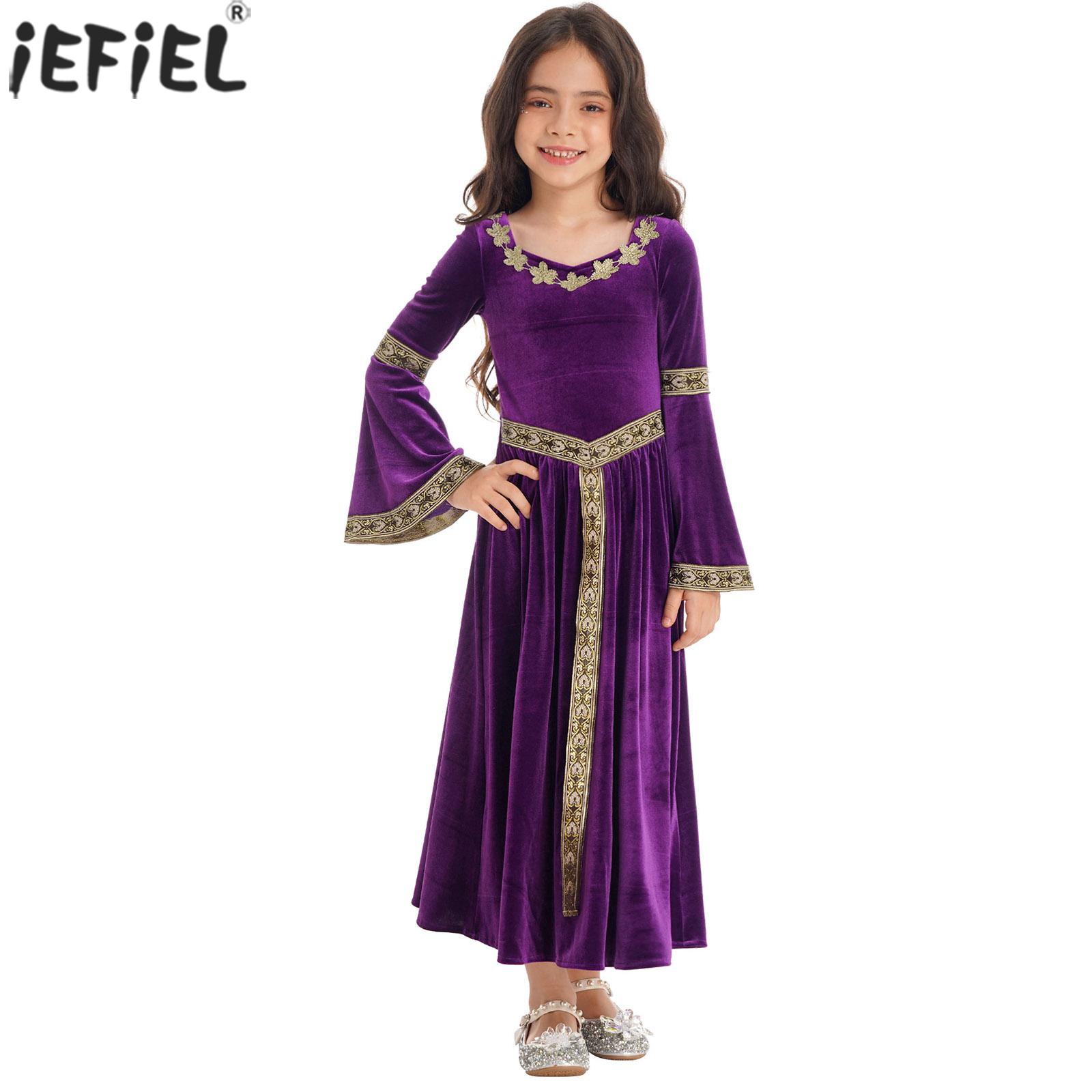 Kid Girls Medieval Renaissance Queen Princess Costume Velvet Long Flare Sleeve Vintage Dress Halloween Carnival Cosplay Dress Up
