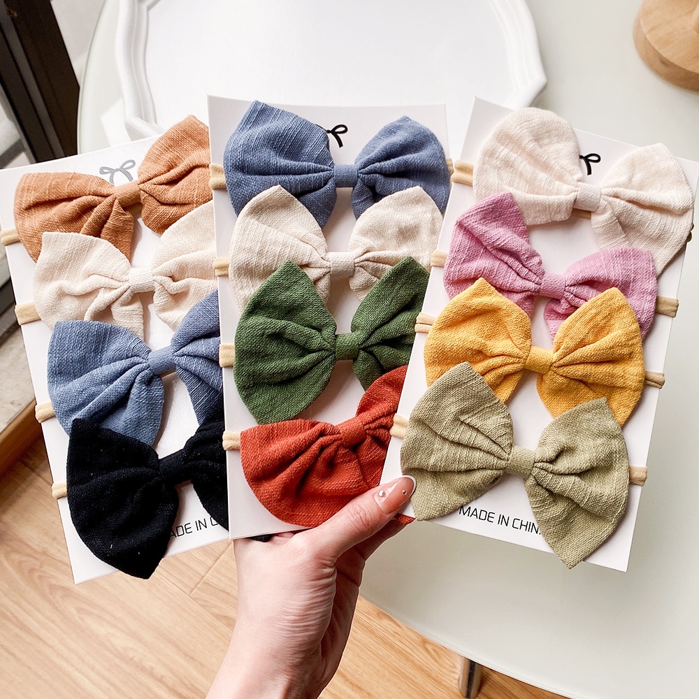 4Pcs/Set Solid Color Cotton Baby Bows Headband for Kids Elastic Nylon Headwear Cute Newborn Toddler Girls Hair Accessories