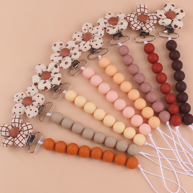 Baby Floral Anti-drop Chain Pacifier Clips Silicone Beads Infant Nipple Appease Soother Chain Clips Dummy Holder Nipple Clip