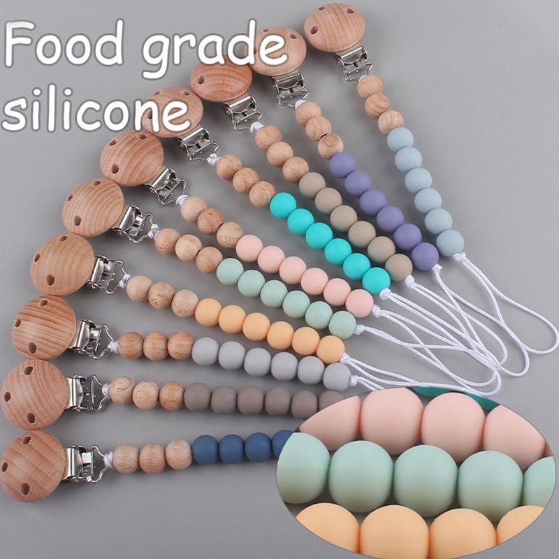 Baby Pacifier Chain Wood Silicone Food Grade Bead Anti-drop Wooden Plastic Clip Handmade Baby Nipple Dummy Holder Clips TSF#