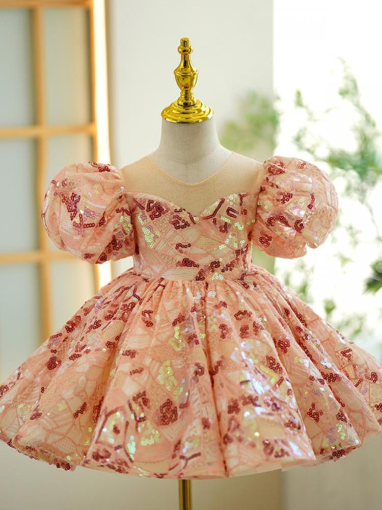 Formal Party Dress for Kids Girl Floral Sequins Ball Gown Children First Birthday Baptism Clothes Toddler Girls Princess Dresses