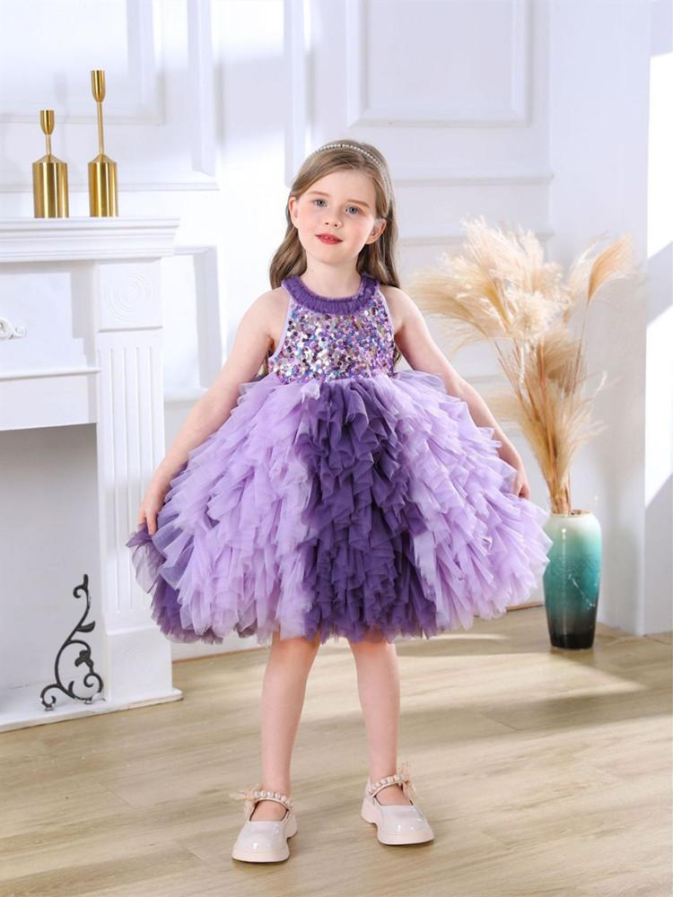 2023 Princess Partywear for Kids Girl Children Purple Sleeveless Tulle Tutu Dress for Birtyday Party Junior Girls Trendy Gowns