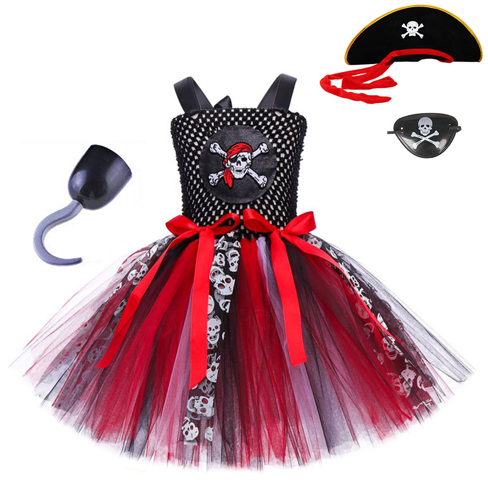 Disney Girls Halloween Tulle Dress Pirates of the Caribbean Cosplay Clothing Knitted Mesh Dress Party Prom Tutu Costume with Hat