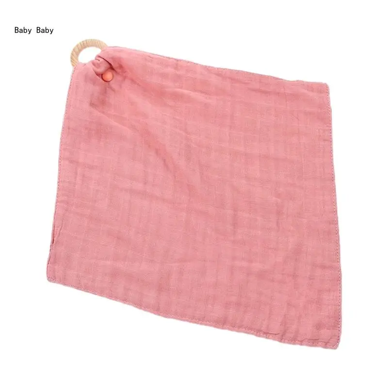 Q81A Baby Soother Appease Towel Bibs with Wooden Teether Ring Solid Color Bandana Burp Cloth Infant