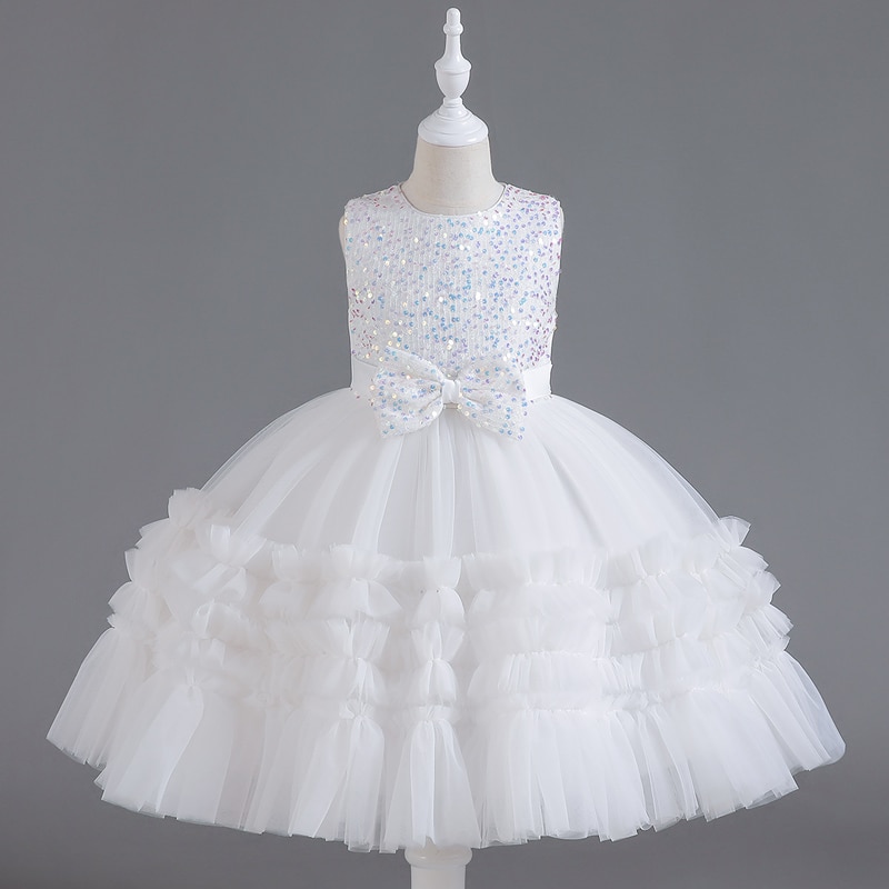 C309 New Girls' Dress Sleeveless Mesh Puffy Short Princess Evening Bow Host Performance Birthday Gift