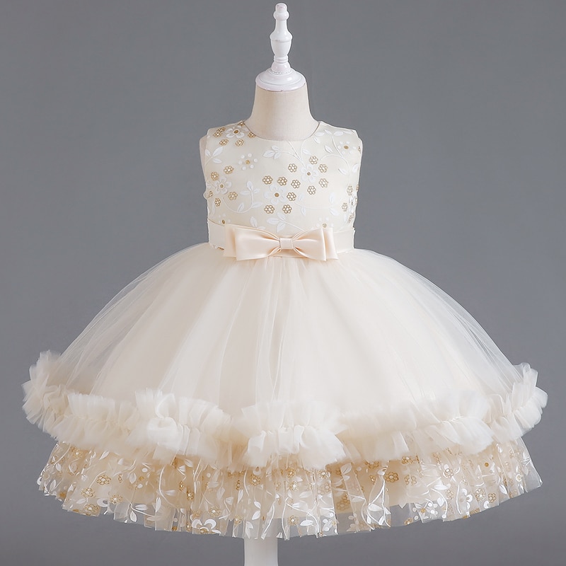 C306 New Girls' Dress Sleeveless Mesh Puffy Short Princess Evening Bow Host Performance Birthday Gift