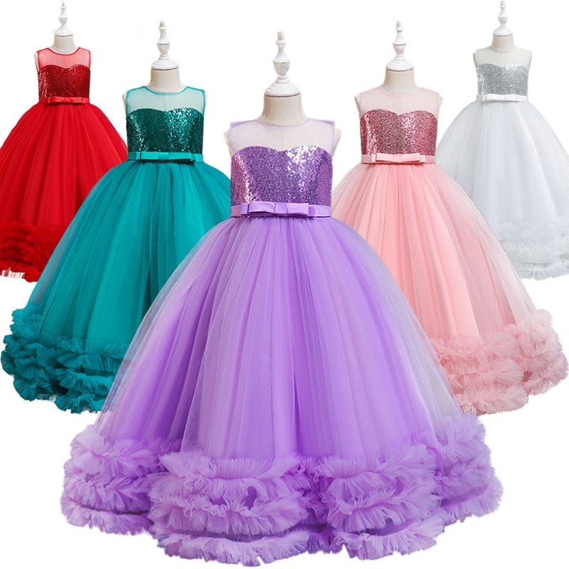 Hot Luxury Children Formal Occasion Long Dresses for Girls Sequin Fluffy Wedding Bridesmaid Pageant Graduation Ceremony Clothing