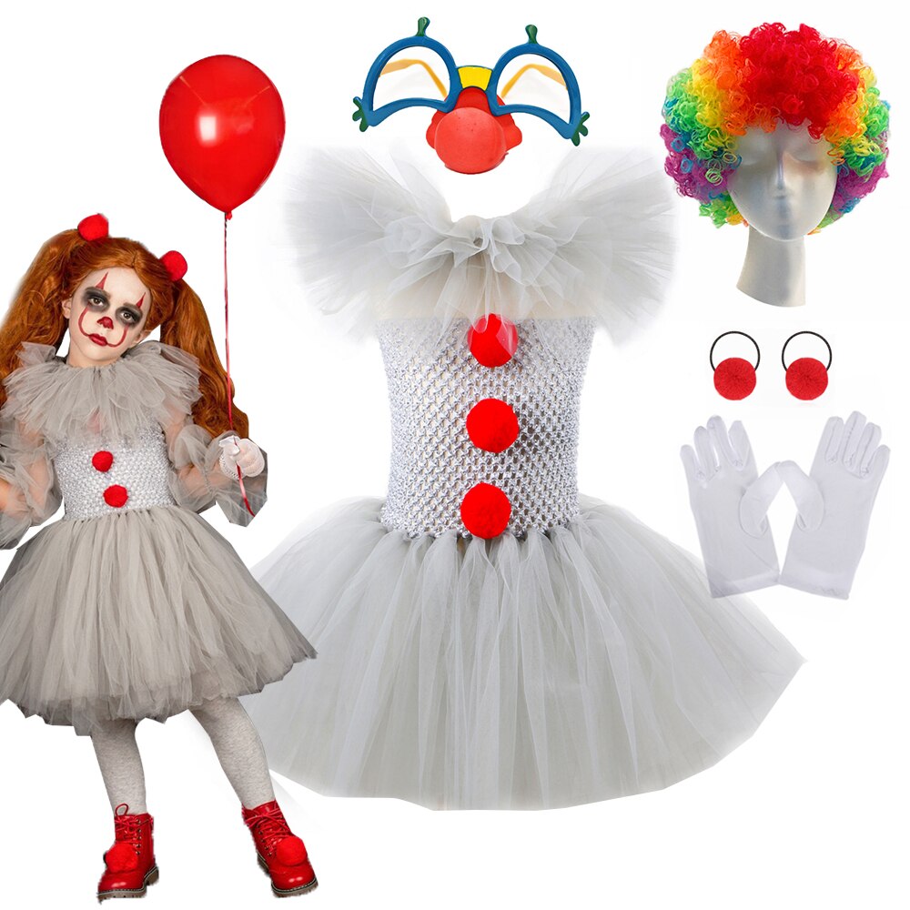 Halloween Clown Costume Kids Girl Puffy tutu Dress Carnival Party Dress Up Cosplay Scary Joker Tulle Vestido Children Clothing