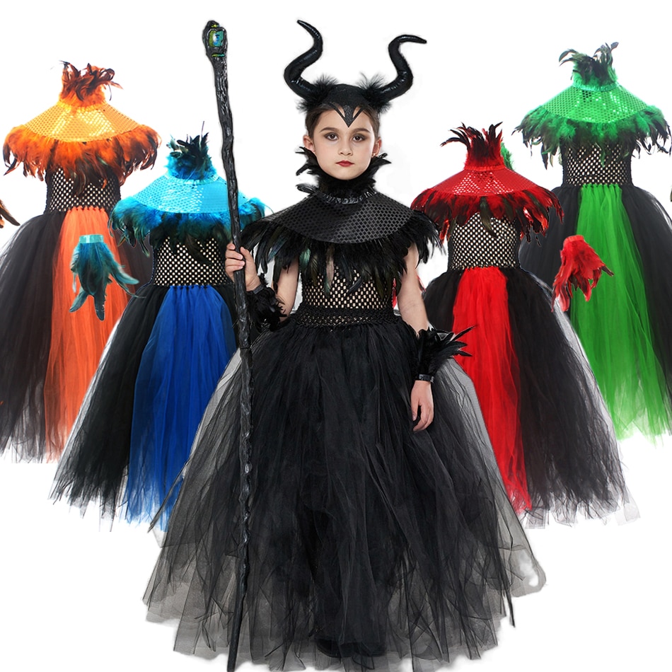 Disney Girls Maleficent Halloween Costume Cosplay Dress Deluxe Fancy Black Gown Kids Demon Queen Witch Children Clothes