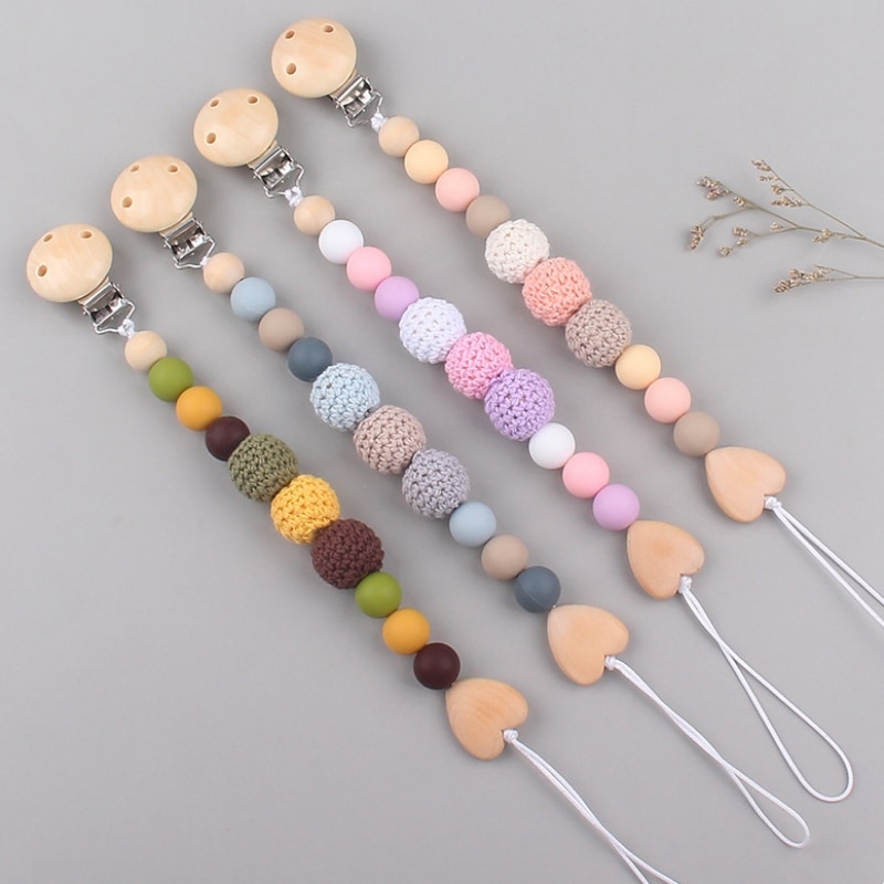 Safety Wooden Baby Infant Toddler Dummy Pacifier Silicone Soother Nipple Clip Chain Holder Strap Baby Chew Toy Teether Teething
