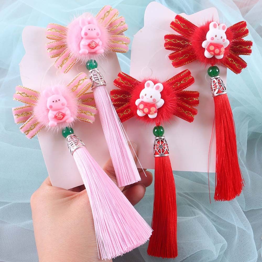 Fan Shaped Headdress Chinese New Year Hairpins Children Tassels Hairpins Kids Chinese Hair Clips Rabbit Barrettes