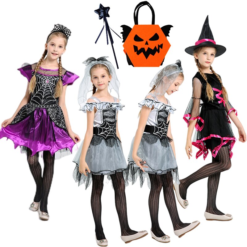 Witch Fairy Costume For Girls Halloween Cosplay Spider Queen Dress With Headwear Princess Carnival Party Spider Bride Outfit Set