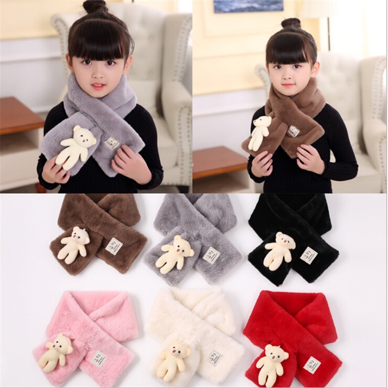 Winter New Imitation Rabbit Hair Solid Color Children'S Scarf Baby Boys Girls Plush Little Bear Neck Warm Scarves