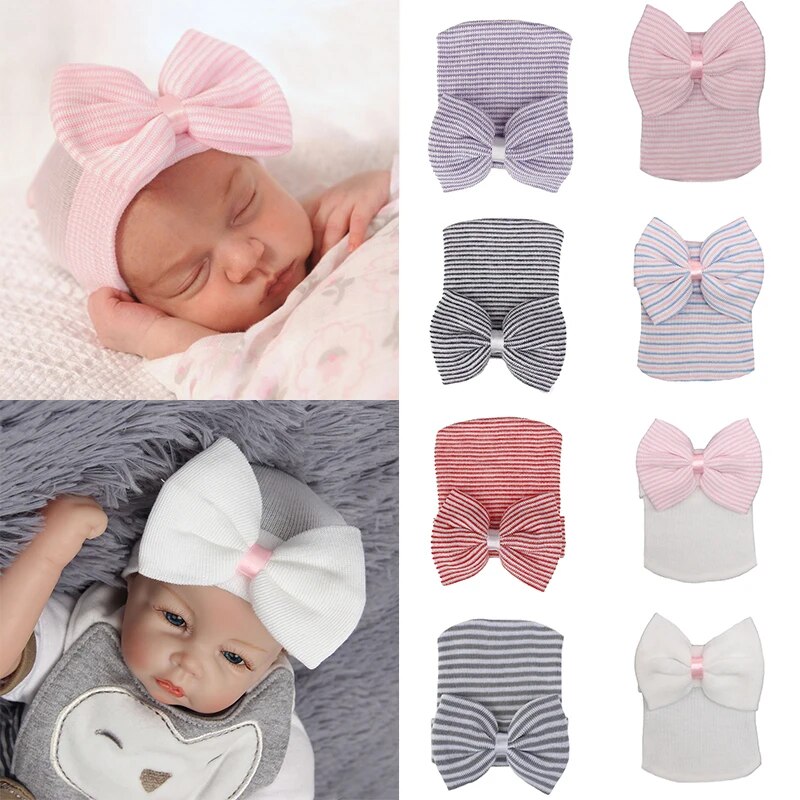 1PCS Newborn Infant Stripe Bowknot Hat Baby Girls Knitted Big Bow Cap Toddler Beanie Bonnet Kids Headwear Hair Accessories