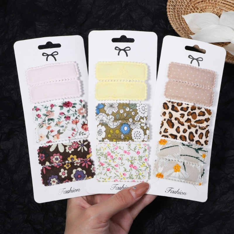 6Pcs/Lot Ins 2.2 inches Flower Print Cotton Alloy Hair Bow Snap Clips Set Fabric Plaid Baby Hairgrips Girls Kids Headwear