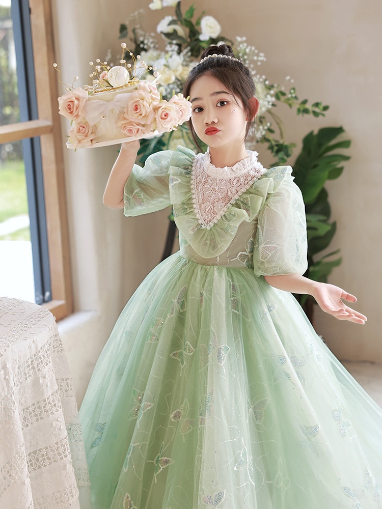 2023 Teens Girl Princess Evening Dress Kids Green Sequins Lace Maxi Ball Gown for Birthday Parties Children Catwalks Costumes