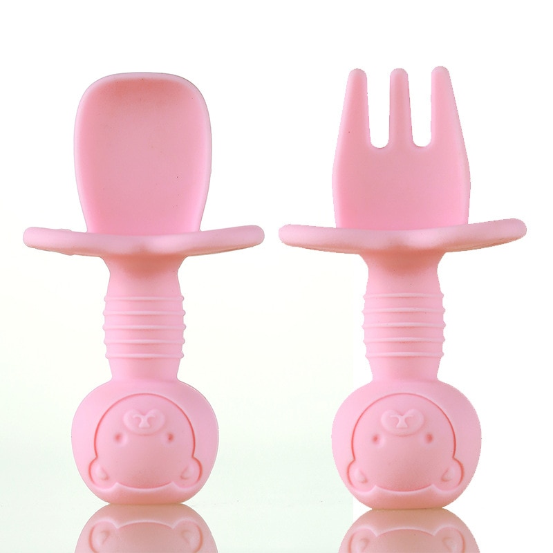 2Pcs/Set Kids Training Spoons Cartoon Bear Children Tableware Soft Heat-Resistant Spoon Fork Set Infant Feeding Short Handle