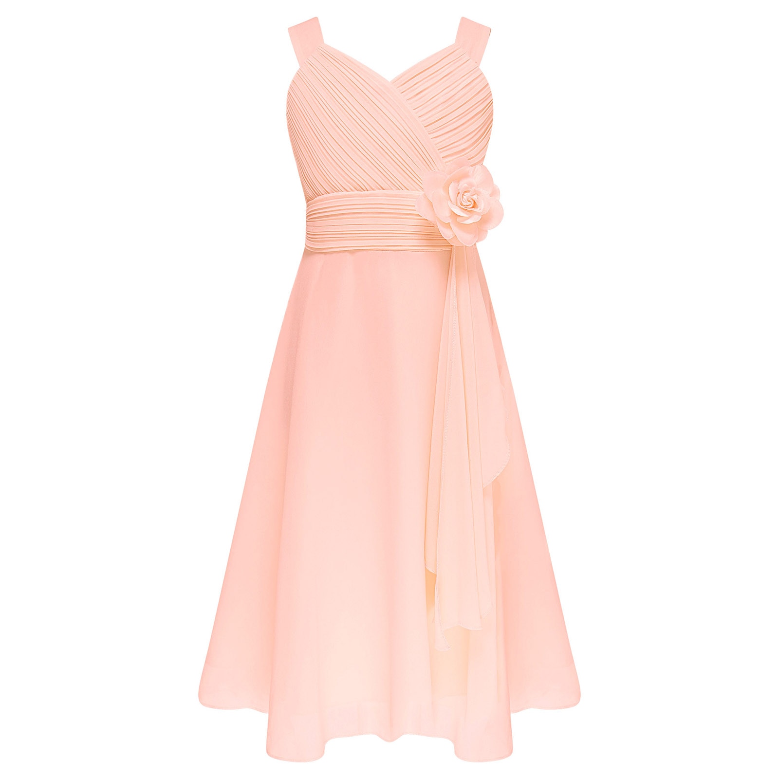 Kids Bridesmaids Little Girls Elegant Dress Sleeveless Ruched Bodice Ruffle Chiffon Dress Birthday Wedding Flowers Girls Dresses